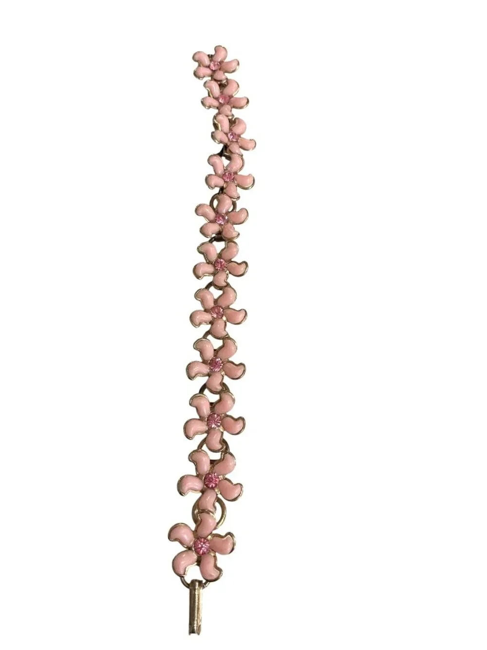 Vintage Pink Floral Link Bracelet 7.5 Inches With Rhinestone Accents  Gold-Tone